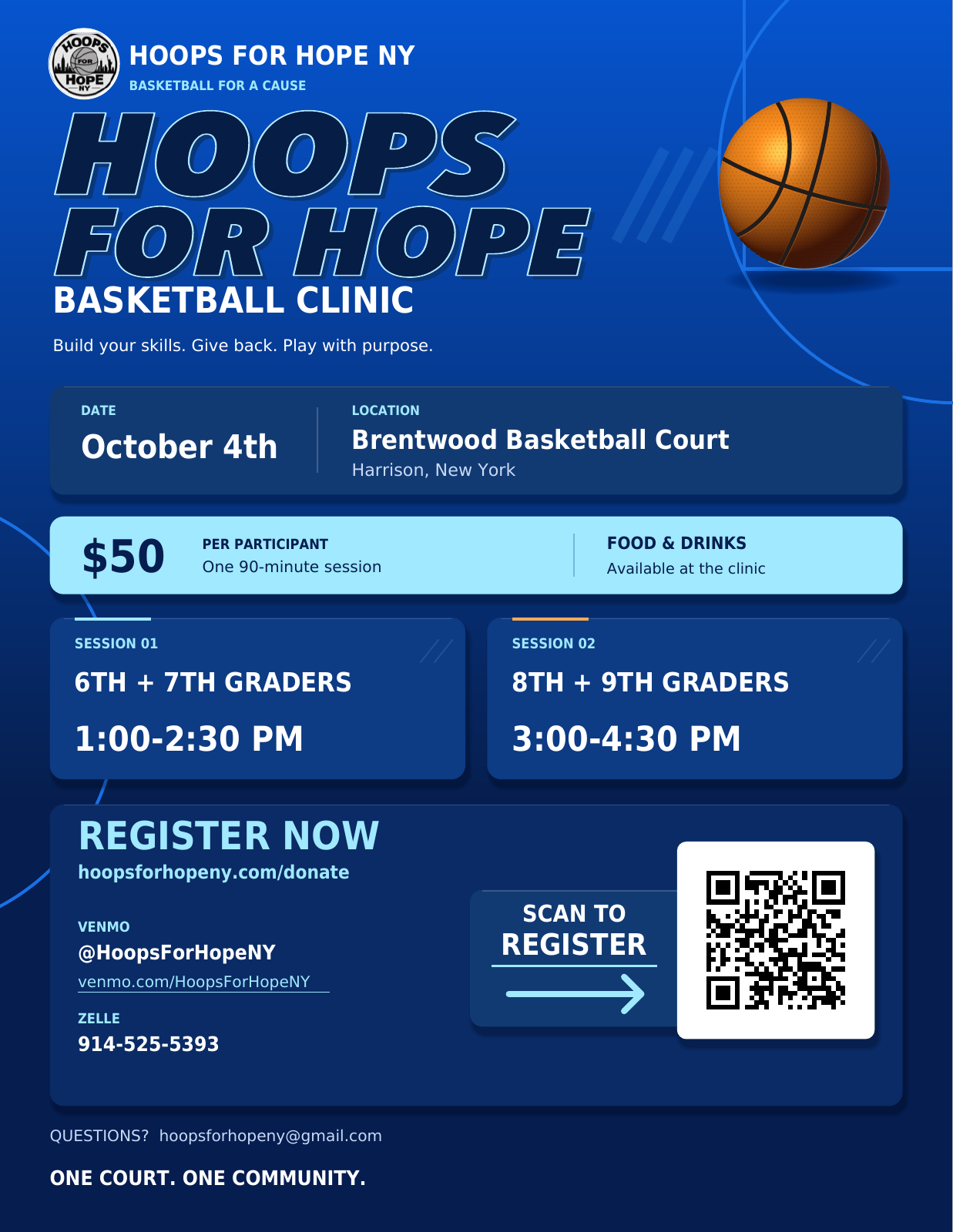 Hoops for Hope Basketball Clinic flyer with October 4 sessions, location, $50 fee, and payment details