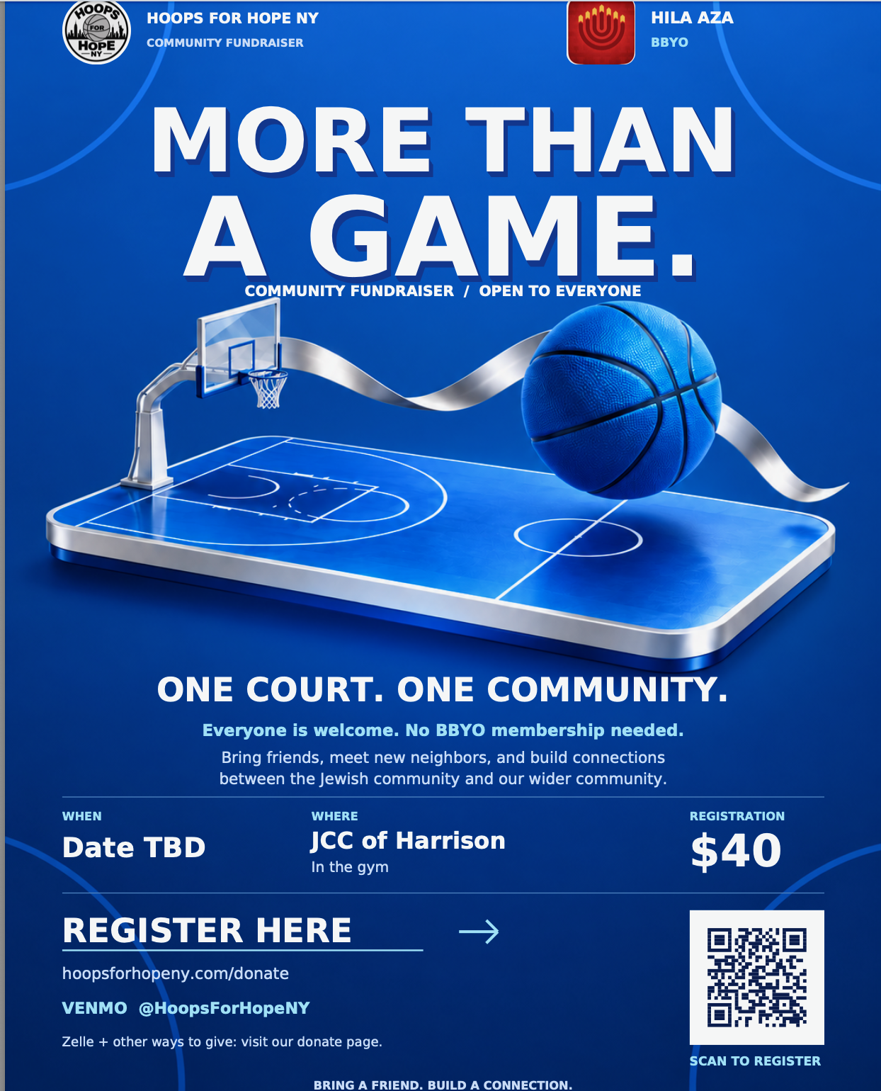 More Than a Game community fundraiser flyer with HILA AZA / BBYO, JCC of Harrison location, date TBD, and $40 registration